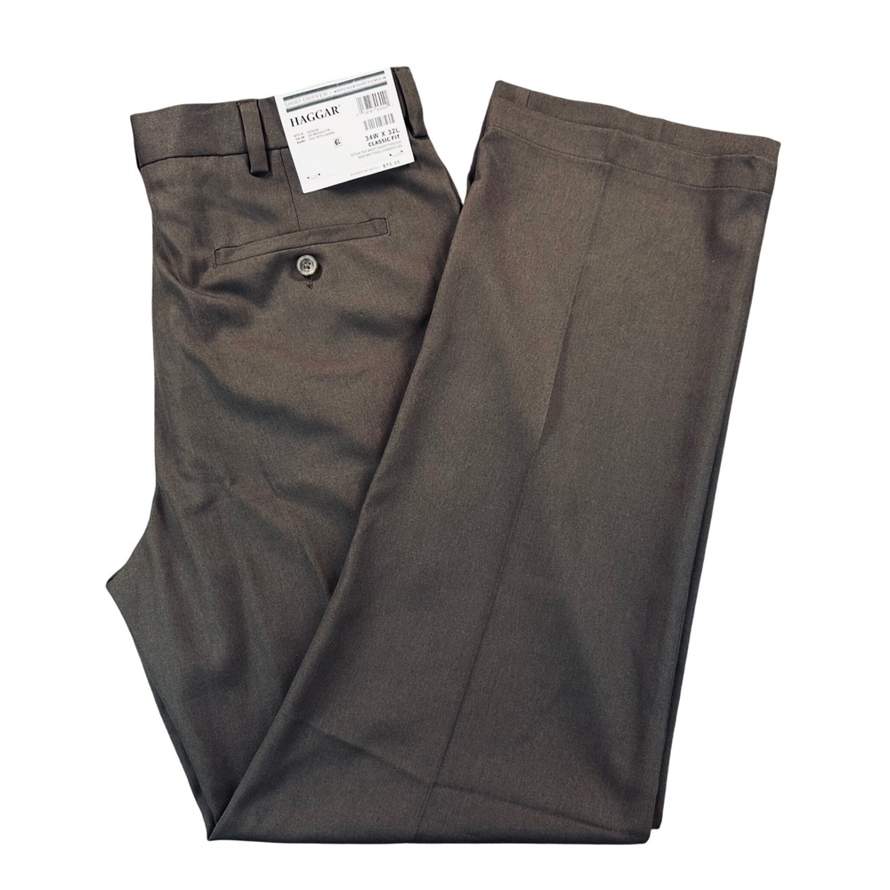 Haggar Cool 18 Classic Fit Flat Front Pro Pants Men's 34x32 Brown Preppy HC00236